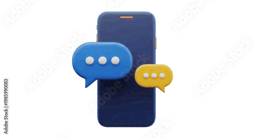 Vector illustration of 3d smartphone with blue and yellow speech bubbles on a transparent background