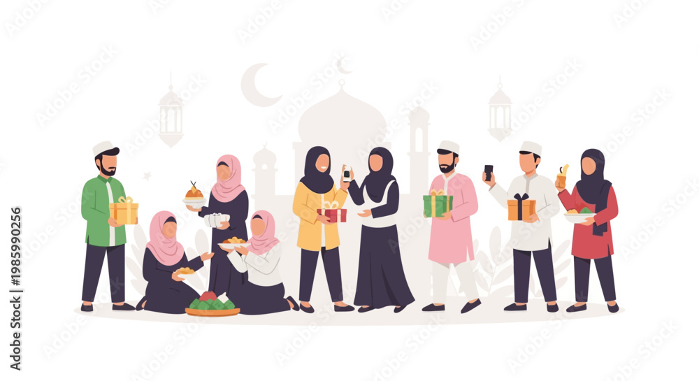 Obraz premium People gather in a cultural setting with mosque architecture in background