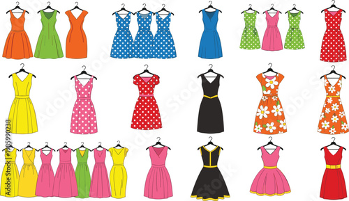 Colorful women dresses collection with various styles patterns and vintage designs fashion clothing vector illustration set isolated