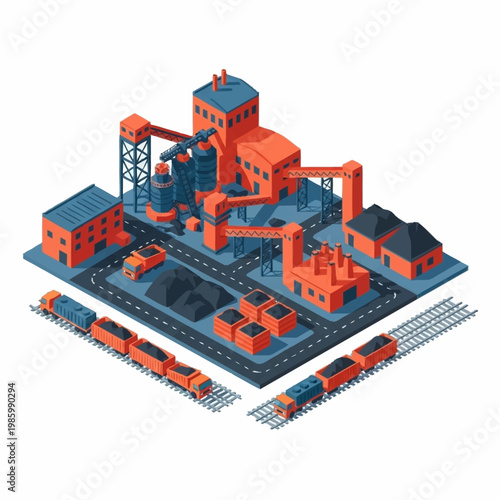 Industrial factory complex with trains and coal storage isometric view.