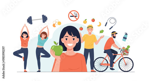 People engaging in various healthy lifestyle activities outdoors with fitness and nutrition