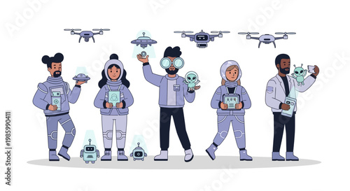 People in hazmat suits handling robots and drones in a controlled environment