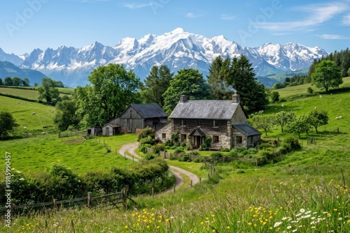Stone House in Countryside with Green Fields and Snow Capped Mountains Under Blue Sky