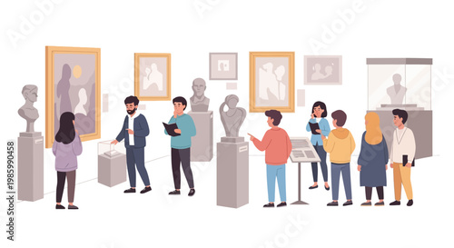 Visitors explore art museum with sculptures and paintings on display