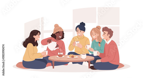 A group of diverse women sit around a table eating and chatting at a casual indoor gathering