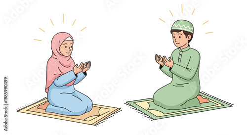 Man and woman praying together on mats in a serene environment