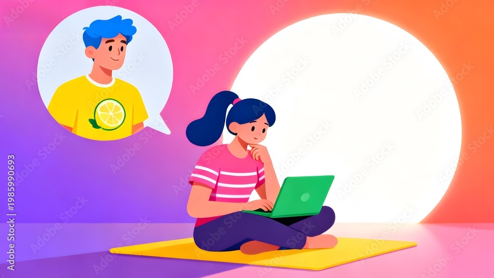 Fototapeta premium A girl sits on a mat using a laptop while thinking about a boy in a speech bubble, set against a vibrant gradient background.
