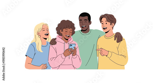 A group of happy young friends laughing and looking at a smartphone together indoors.