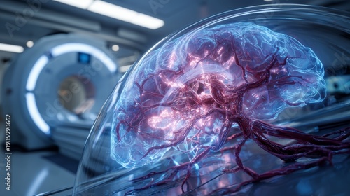 A glowing, stylized human brain enclosed in a glass sphere, set against a CT scanner in a medical setting