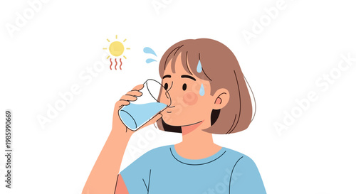 A woman drinks water from a glass on a hot sunny day outdoors feeling thirsty.