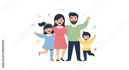 A happy family of four people celebrating with joyful expressions