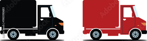 Side View of Black and Red Delivery Trucks on White Background, Vector Illustration 