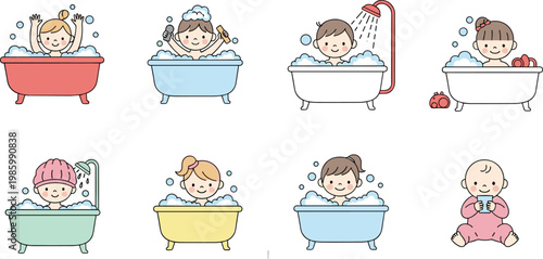 Cute Kids Bath Time Vector Set with Cartoon Children Washing in Bathtubs Showering Playing with Bubbles and Hygiene Routine Illustration Collection