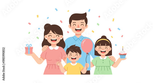 Family celebrates birthday with joyful smiles and colorful decorations