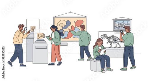 People are working on various art projects in a studio with a horse model