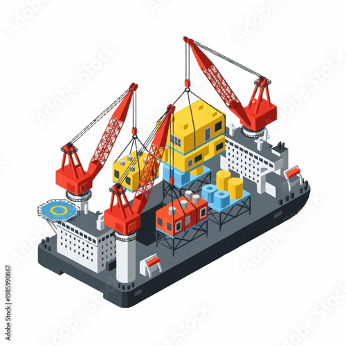 Industrial offshore platform with cranes lifting heavy equipment.