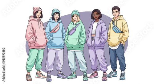 A group of young people wearing colorful hoodies and sweatpants standing together.