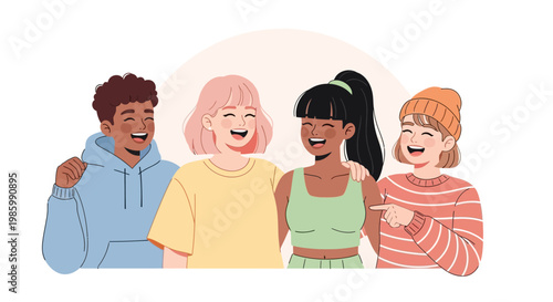 Four friends smiling and standing together in casual clothes outdoors