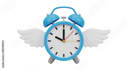 Vector illustration of 3d illustration of a blue alarm clock with wings on a transparent background