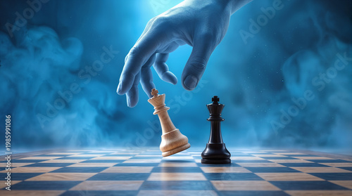Hand moving white king chess piece on checkered board against smoky blue background. Strategic decision making and competition concept.