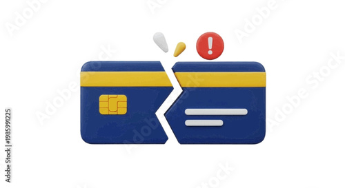 Vector illustration of broken credit card with an exclamation mark icon on a transparent background