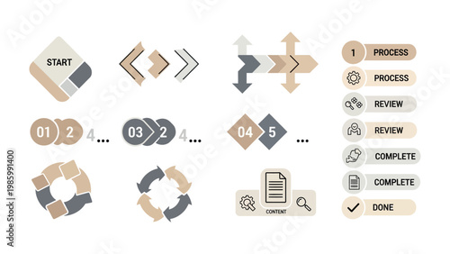 Step-by-Step Business Process Icons: A collection of various icons depicting the sequential steps of a business procedure, designed for effective visual communication and process mapping.