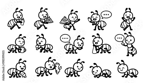 Cute black and white ant cartoon vector set with playful outline insect characters for kids design