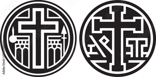 Black and white christogram chi rho symbol circle with alpha omega