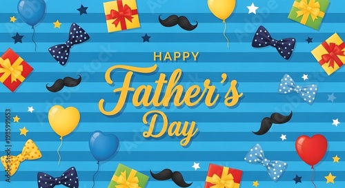 Happy father's day text with colorful confetti and balloons background