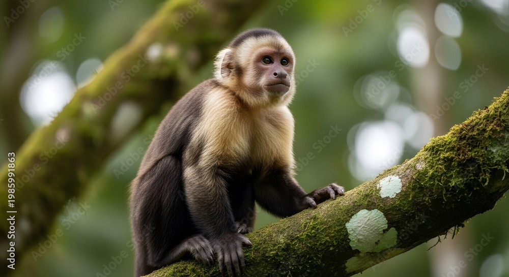 Fototapeta premium Monkey sitting on tree branch in green forest environment