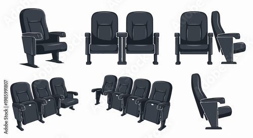 Collection of various dark, cushioned seats with armrests in different orientations