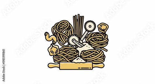 Collection of various pasta shapes, rolling pin, and cutters