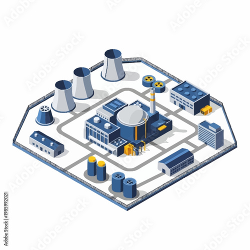 Isometric Nuclear Power Plant Facility with Cooling Towers and Buildings.