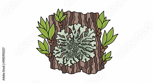 Close-up of lichen growth on rough tree bark with budding leaves