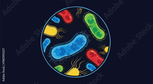 Colorful, abstract, microscopic organisms with flagella on dark background