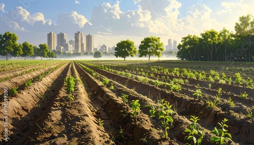 A serene agricultural landscape with young crops and a city skyline