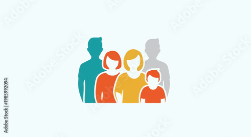 Colorful abstract silhouettes of a family group on a light blue background