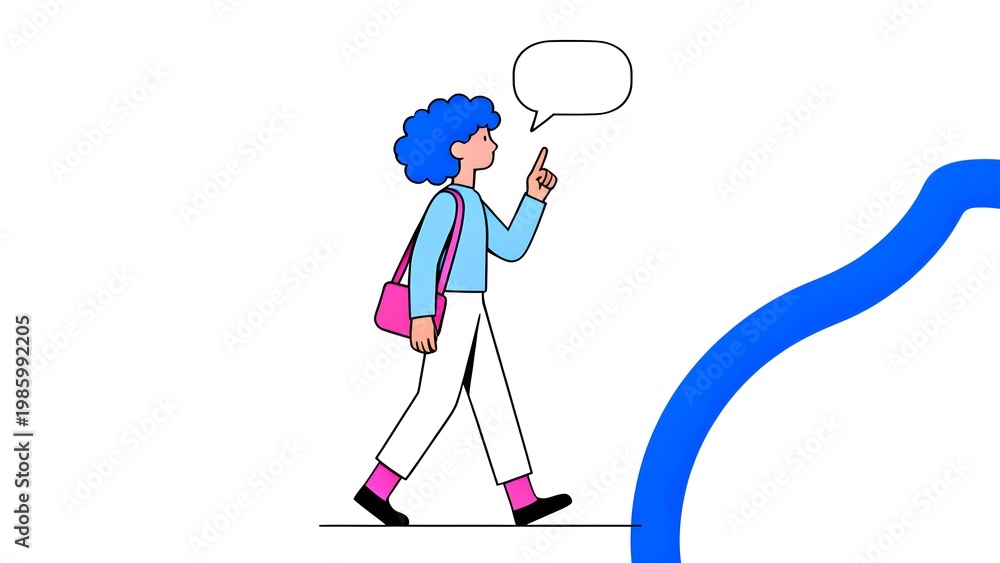 Fototapeta premium A person with blue hair and a backpack walking along a path, pointing upward with a thought bubble above their head.