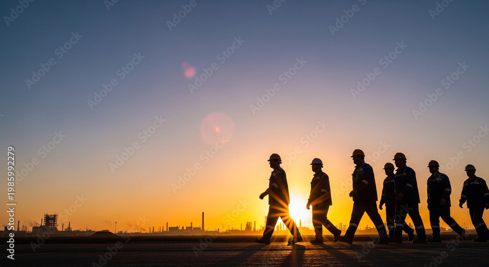Fototapeta premium Silhouetted group of construction workers walking towards the sunset.