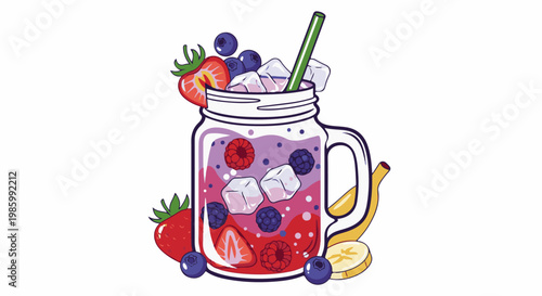 Colorful berry and fruit beverage in a mason jar with ice