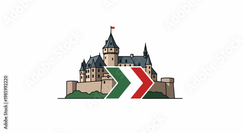 Castle with Italian flag accent on a hill with green grass