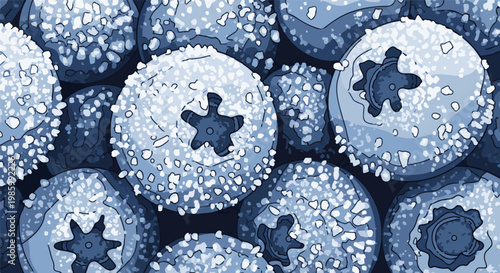 Close-up pixelated illustration of numerous blueberries with a frosted appearance