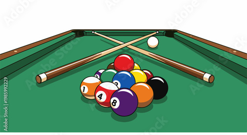 Colorful billiard balls and cues arranged on a green felt table, ready for play