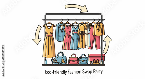 Clothes rack with dresses, suits, bags, and shoes, indicating a fashion swap