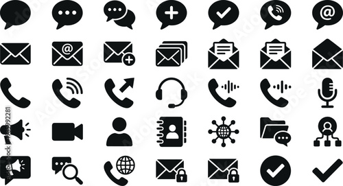 Minimalist communication icon set, 35 black solid contact symbols, professional business message and phone call vector elements for UI design
