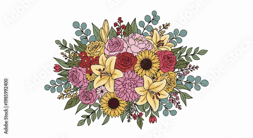 Colorful bouquet of assorted flowers and eucalyptus branches on a white background