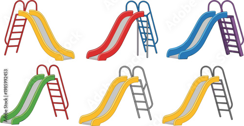 Playground Slide Vector Set with Colorful Kids Park Slides Different Designs Ladder Structures and Outdoor Play Equipment Collection for Children Recreation Illustration