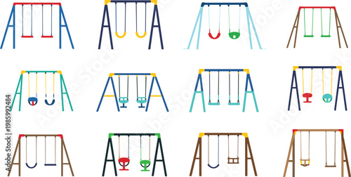 Playground swing sets collection with different seats styles colorful equipment for kids outdoor park vector illustration bundle