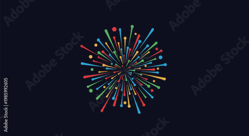 Colorful bursts radiate from a central point against a dark background