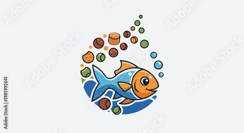 Cheerful cartoon fish with food pellets and bubbles in a water drop